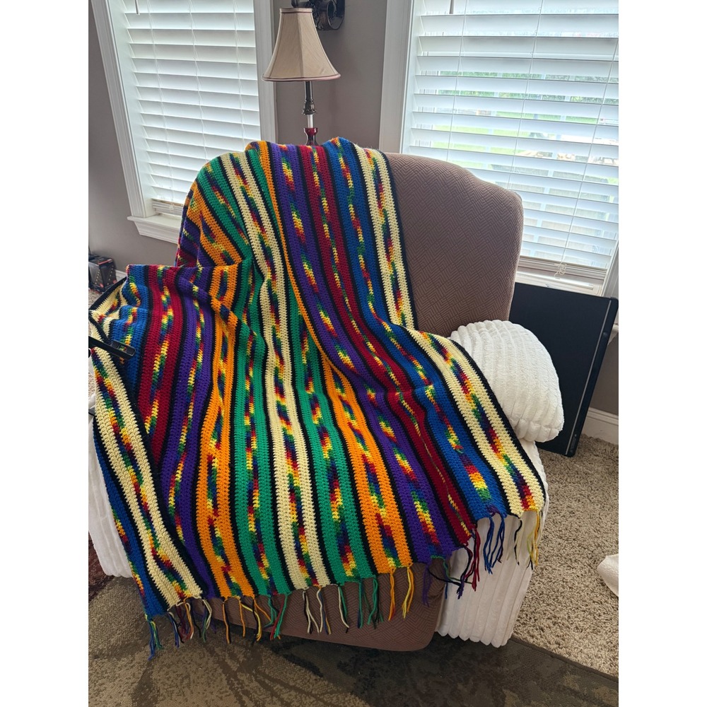 Handmade OOAK Crochet Afghan Blanket 92" Rainbow Striped Boho Retro Groovy Throw